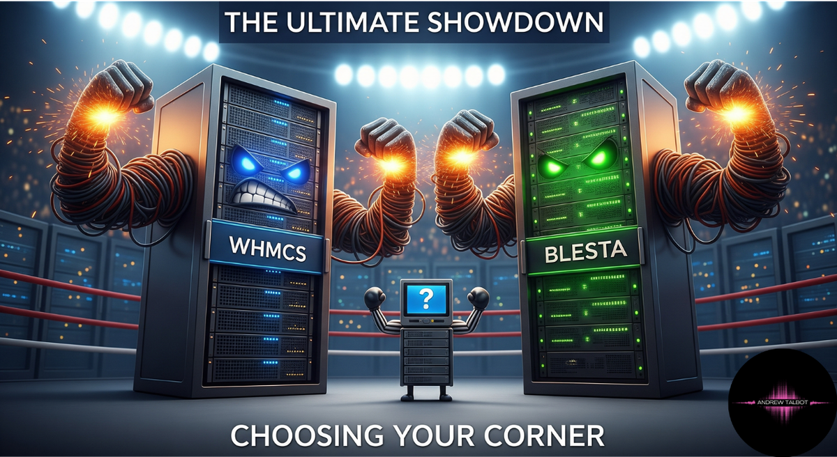 Two large service racks (blue and green colored) face off with WHMCS on one side and BLESTA on the other.